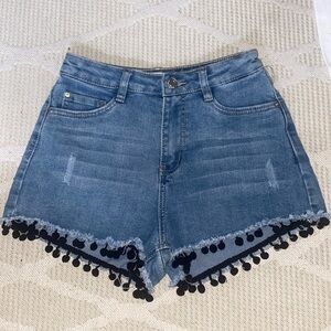 Denim shorts with black Pom Pom trim